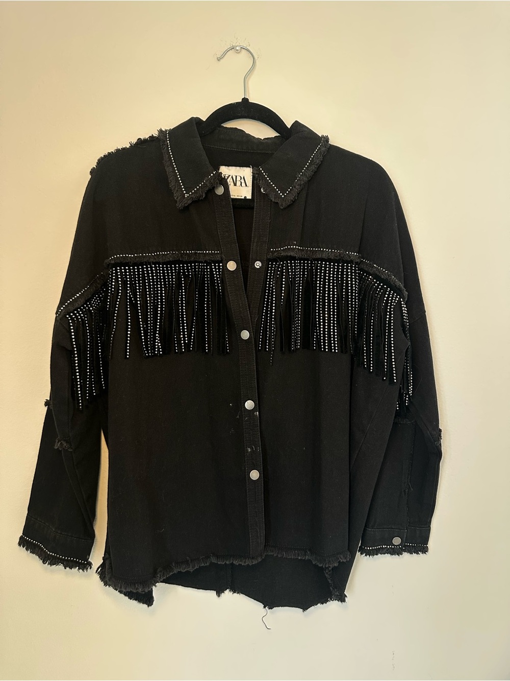 ZARA Black Fringe Snap-Front Denim Jacket